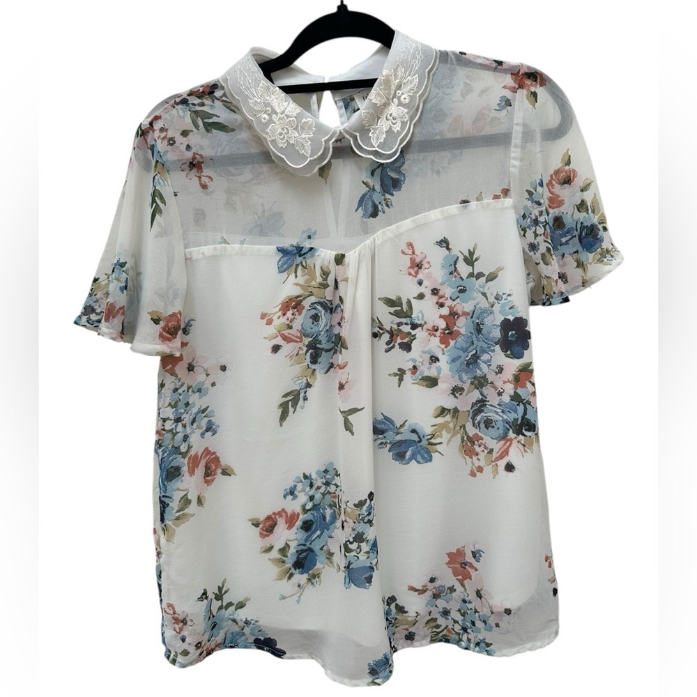 ✨ Faith and Joy Floral Sheer Blouse with Lace Collar small